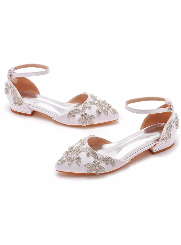 Flat-heeled Pointed Satin Rhinestone Sandals