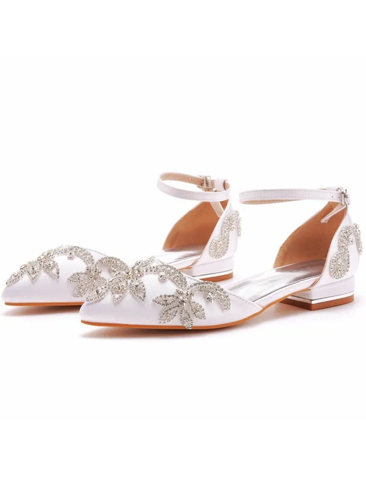 Flat-heeled Pointed Satin Rhinestone Sandals