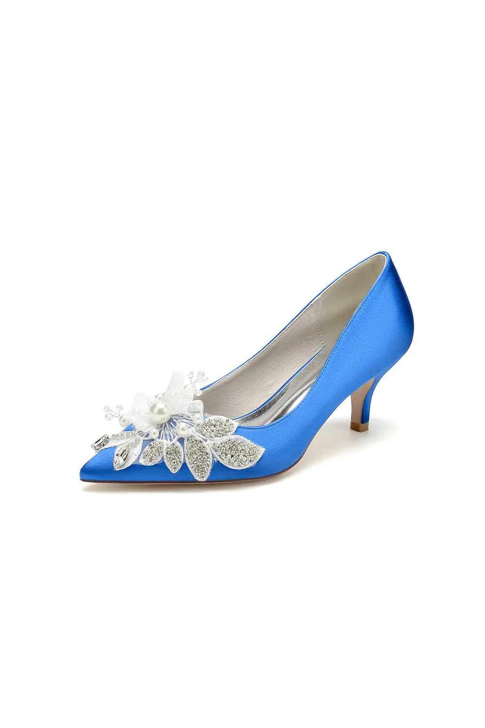 Floral Beading Pointed Toe Satin Kitten Heels