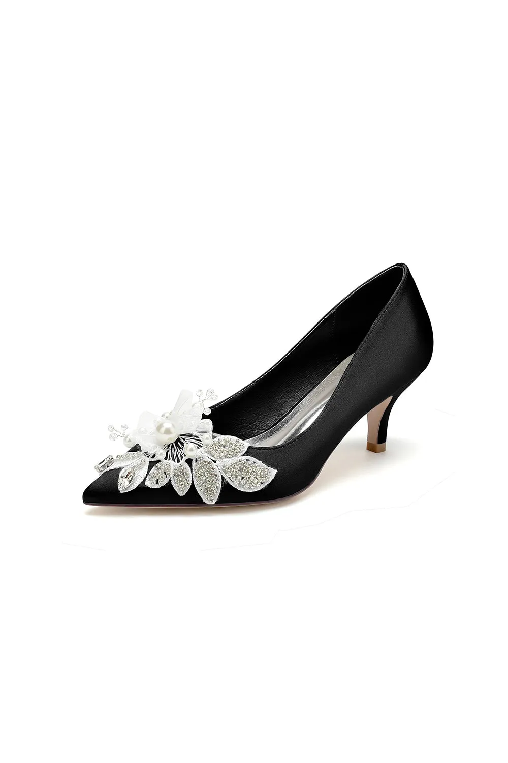 Floral Beading Pointed Toe Satin Kitten Heels