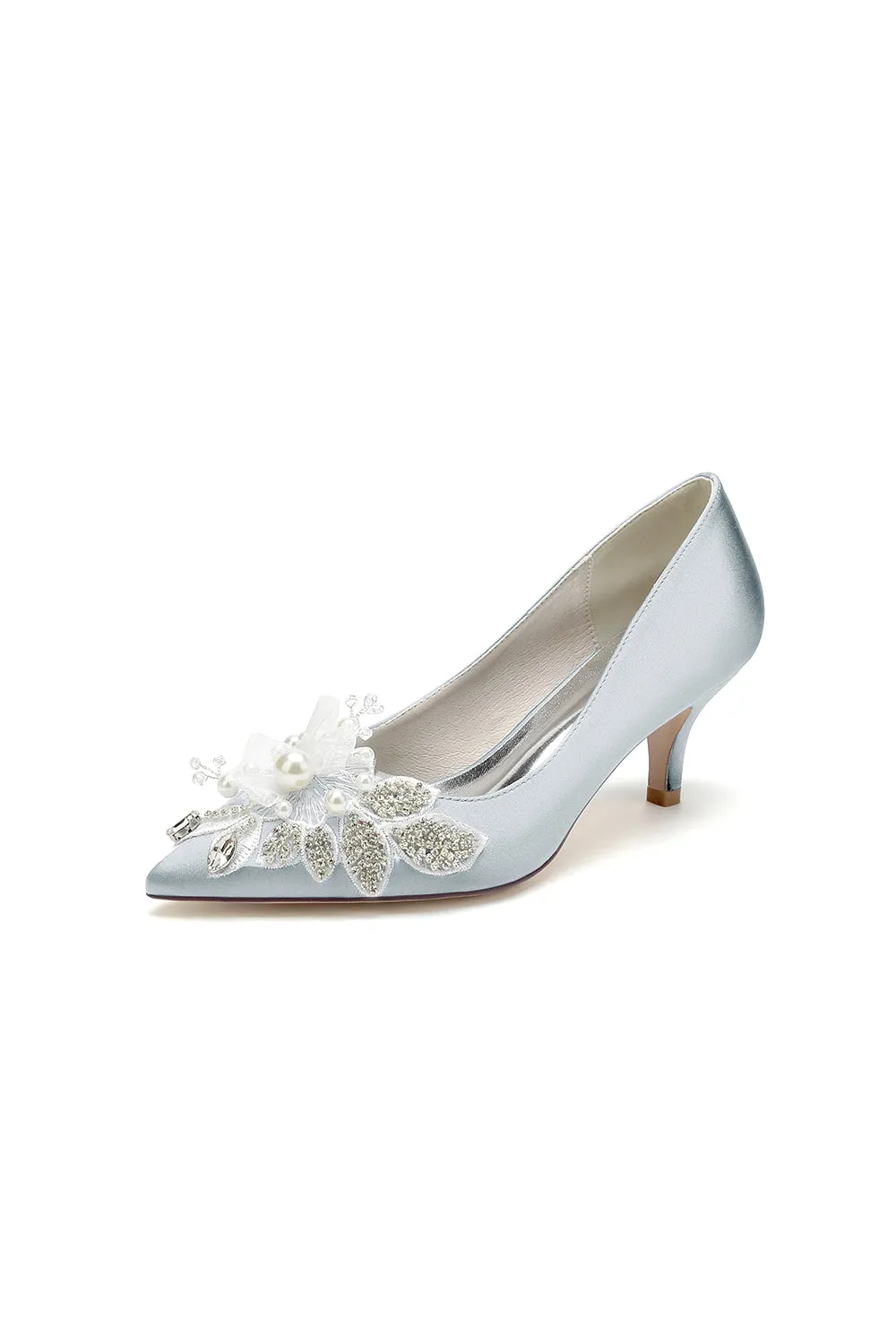 Floral Beading Pointed Toe Satin Kitten Heels