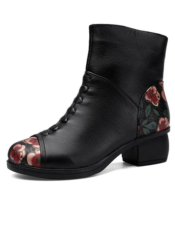 Floral Printed Plush Retro Chunky Boots