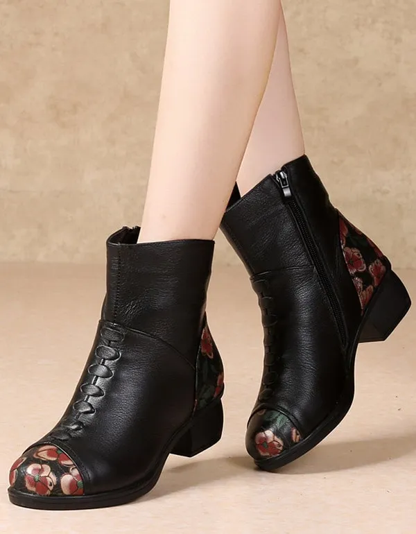 Floral Printed Plush Retro Chunky Boots