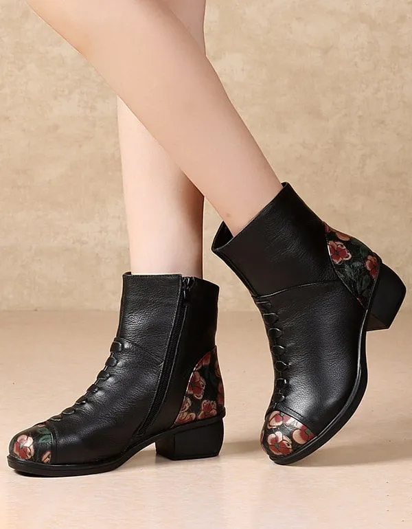 Floral Printed Plush Retro Chunky Boots