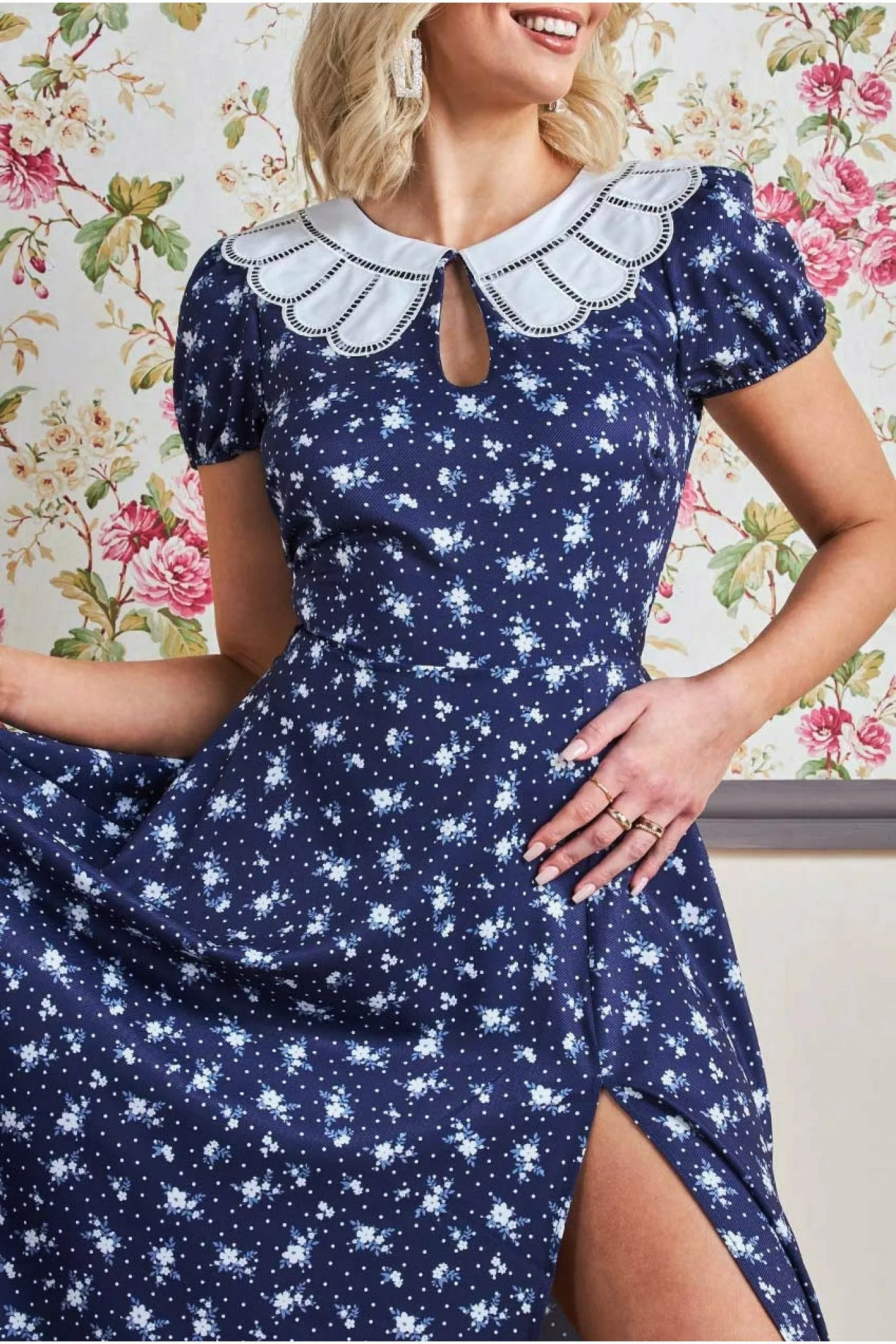 Goddiva Printed Midi With Front Split - Navy