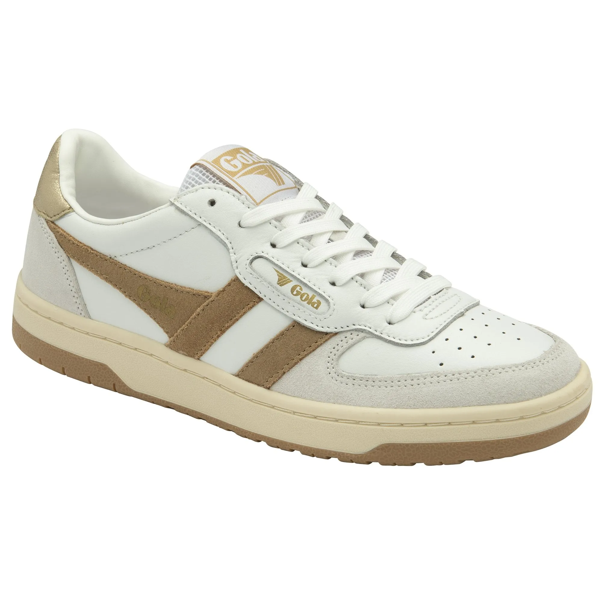 Gola Hawk Ladies White/Light Caramel/Gold Leather Lace Up Trainers