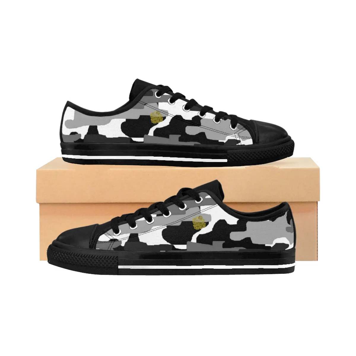 Gray Camo Men's Low Tops, Camouflage Military Print Designer Men's Low Top Sneakers