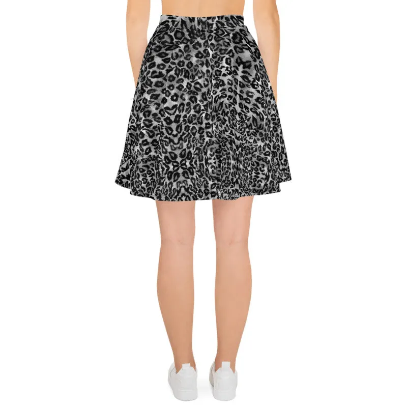 Gray Leopard Skater Skirt, Animal Print Women's A-Line Tennis Flared Skirt-Made in USA/EU