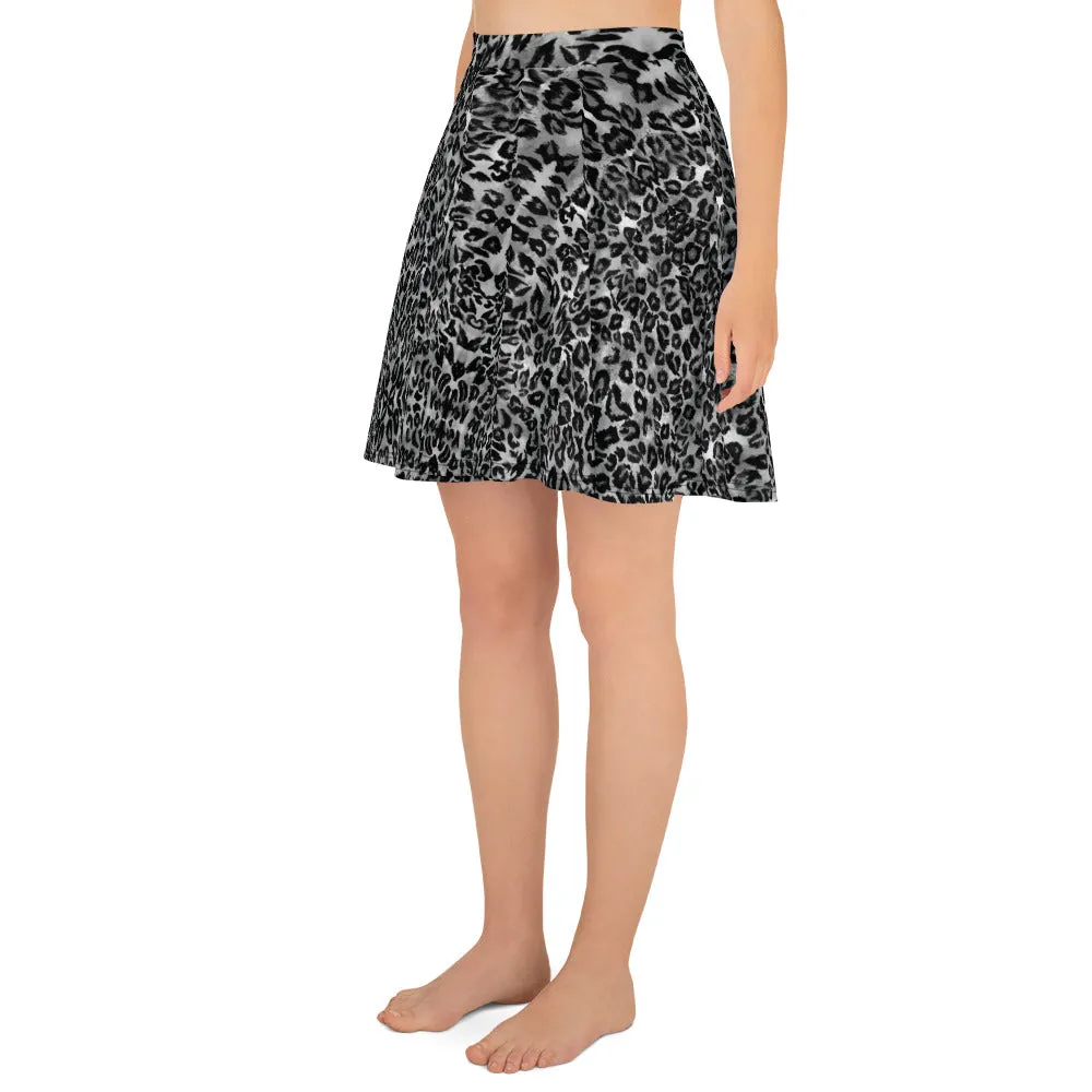 Gray Leopard Skater Skirt, Animal Print Women's A-Line Tennis Flared Skirt-Made in USA/EU