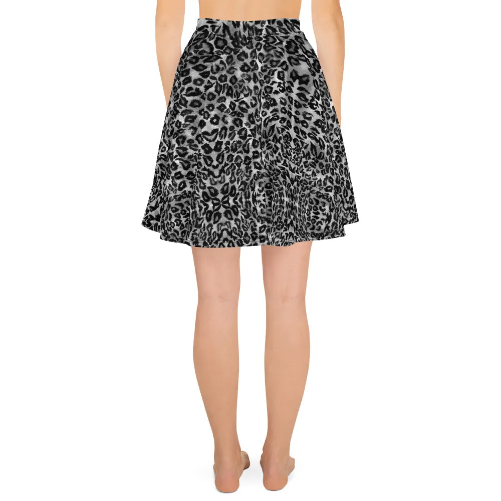 Gray Leopard Skater Skirt, Animal Print Women's A-Line Tennis Flared Skirt-Made in USA/EU