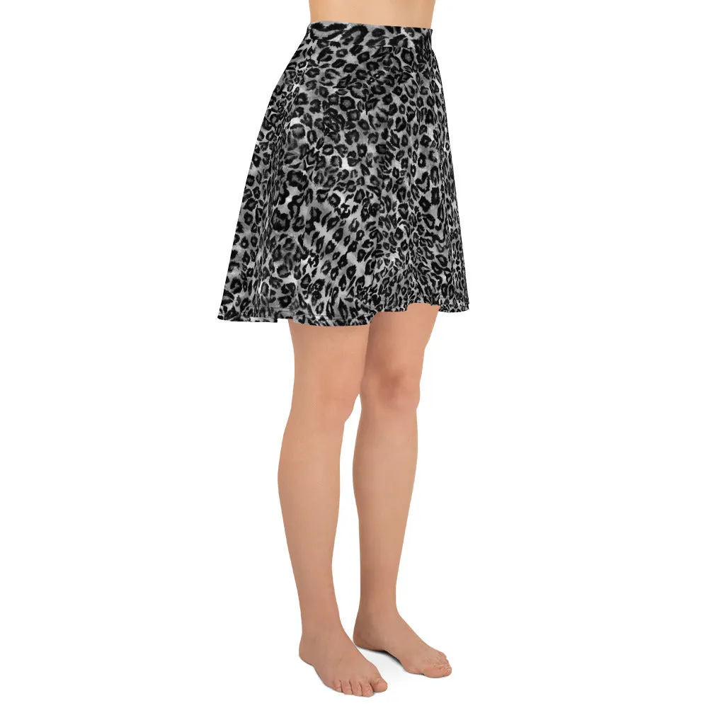 Gray Leopard Skater Skirt, Animal Print Women's A-Line Tennis Flared Skirt-Made in USA/EU