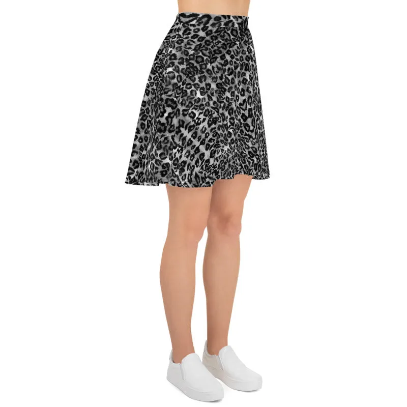 Gray Leopard Skater Skirt, Animal Print Women's A-Line Tennis Flared Skirt-Made in USA/EU