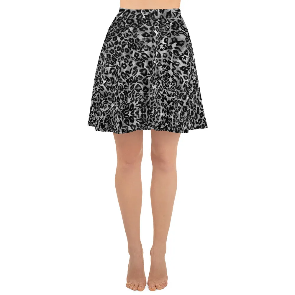 Gray Leopard Skater Skirt, Animal Print Women's A-Line Tennis Flared Skirt-Made in USA/EU