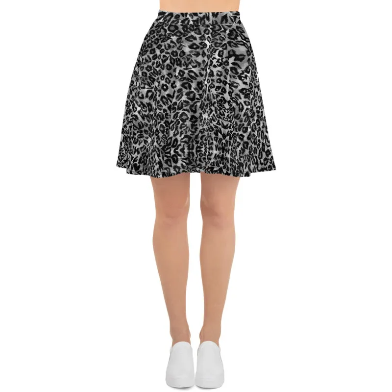 Gray Leopard Skater Skirt, Animal Print Women's A-Line Tennis Flared Skirt-Made in USA/EU