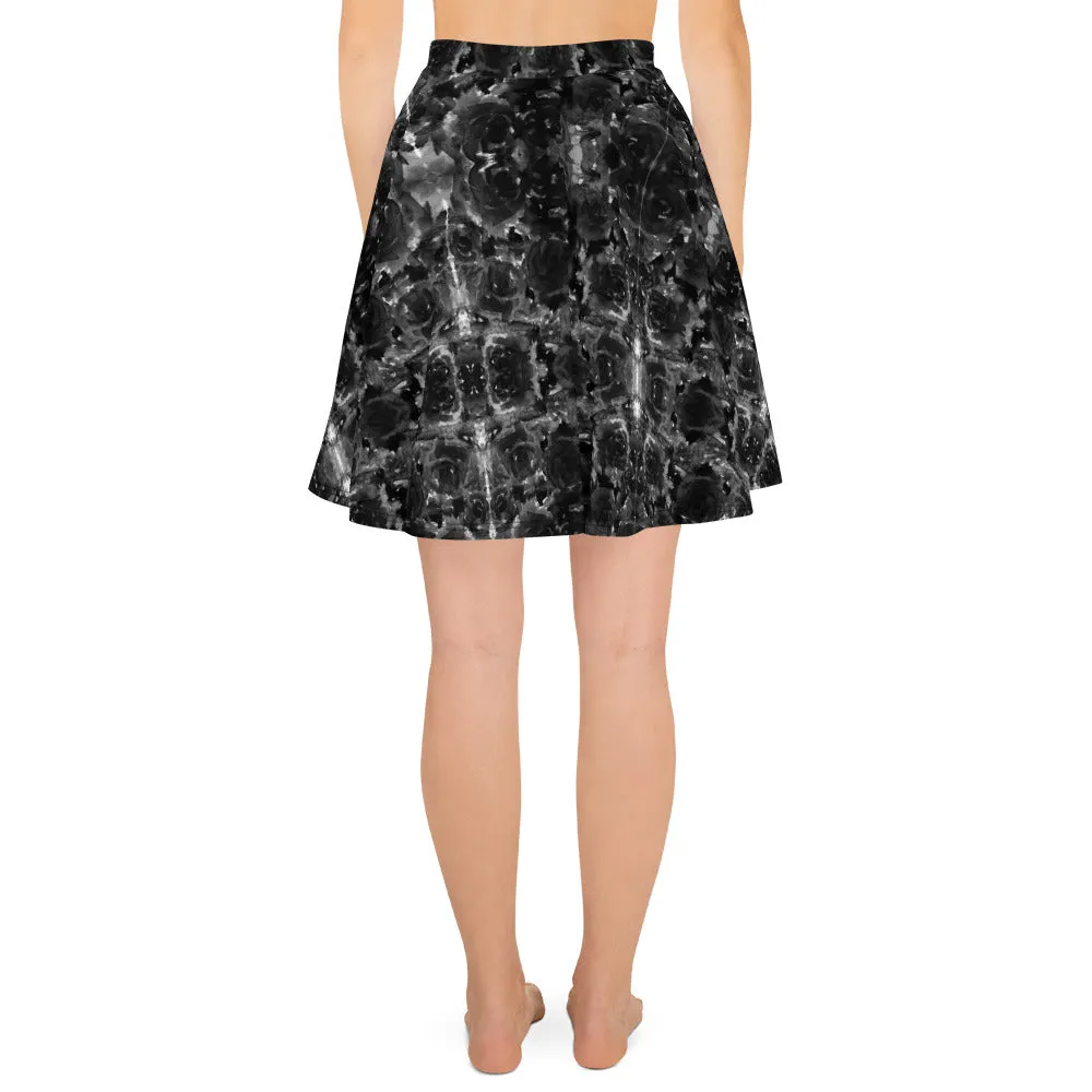 Gray Rose Floral Skater Skirt, Floral Print Women's A-Line Flared Skater Skirt-Made in USA/EU