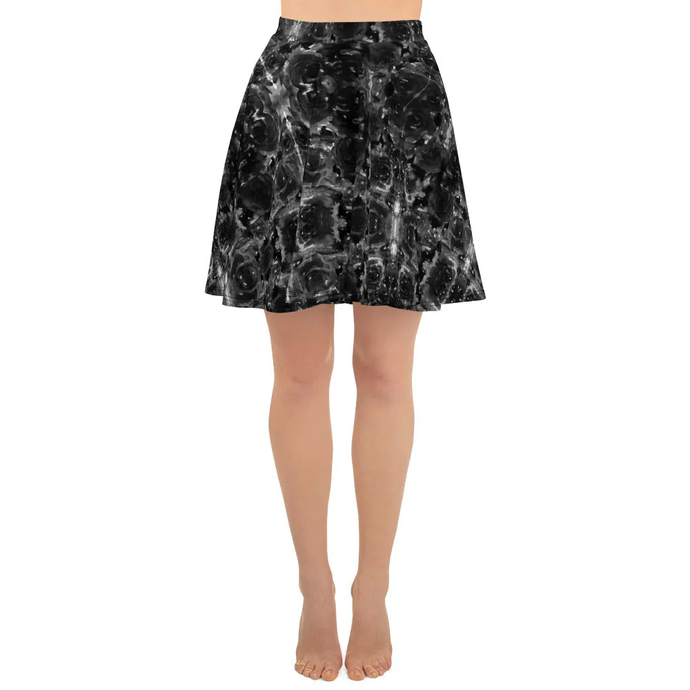 Gray Rose Floral Skater Skirt, Floral Print Women's A-Line Flared Skater Skirt-Made in USA/EU