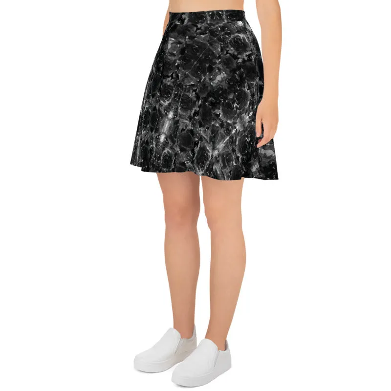 Gray Rose Floral Skater Skirt, Floral Print Women's A-Line Flared Skater Skirt-Made in USA/EU