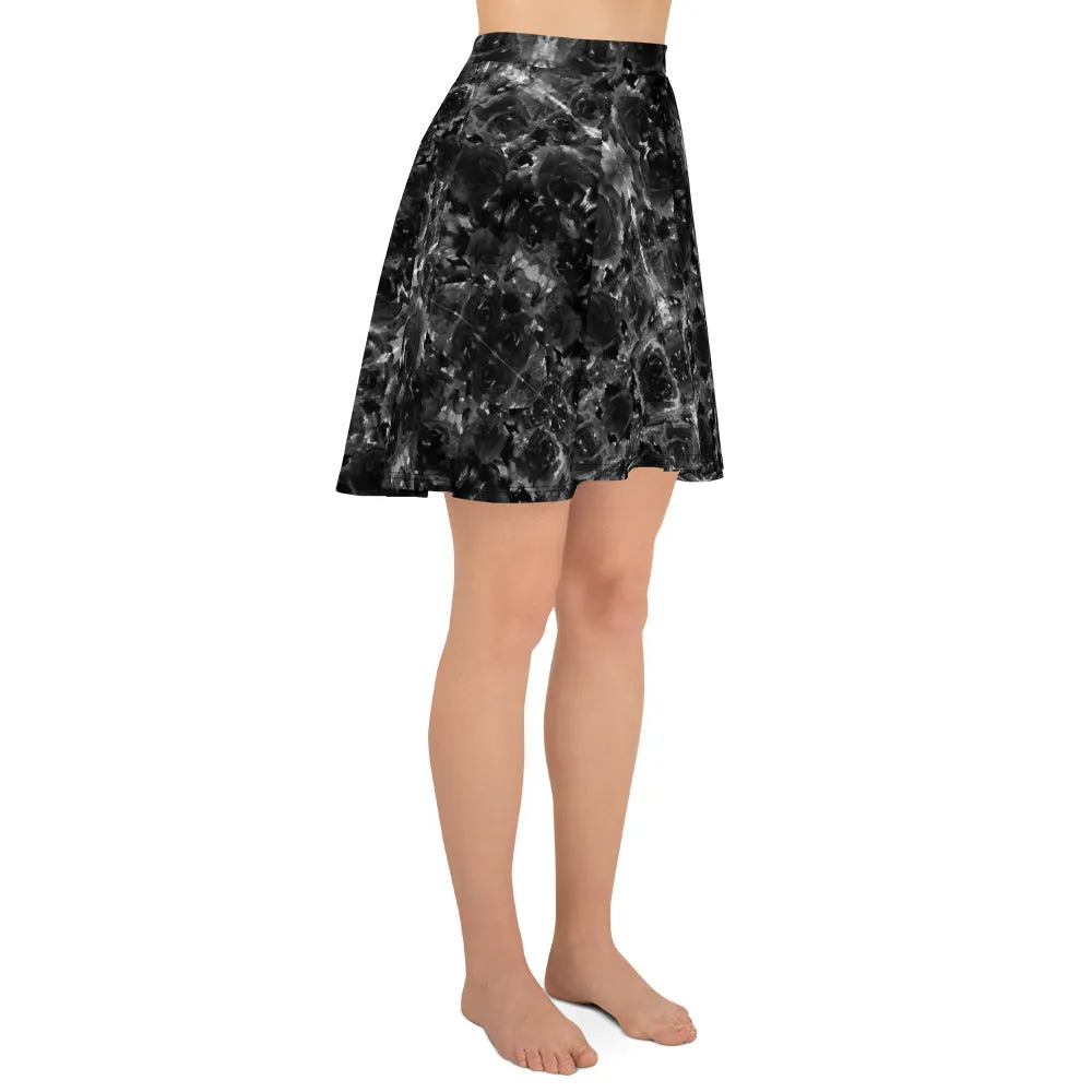 Gray Rose Floral Skater Skirt, Floral Print Women's A-Line Flared Skater Skirt-Made in USA/EU