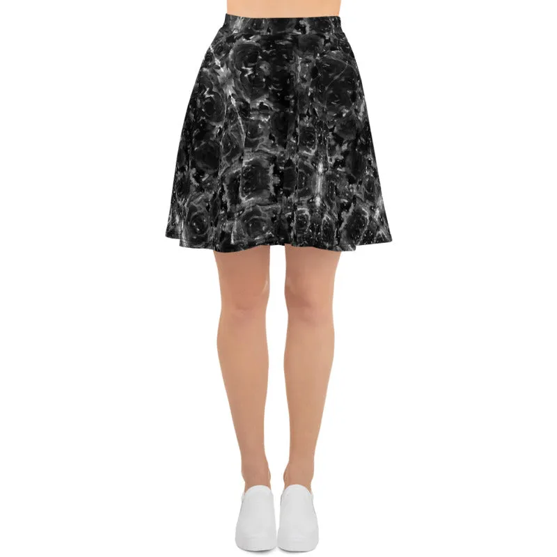 Gray Rose Floral Skater Skirt, Floral Print Women's A-Line Flared Skater Skirt-Made in USA/EU