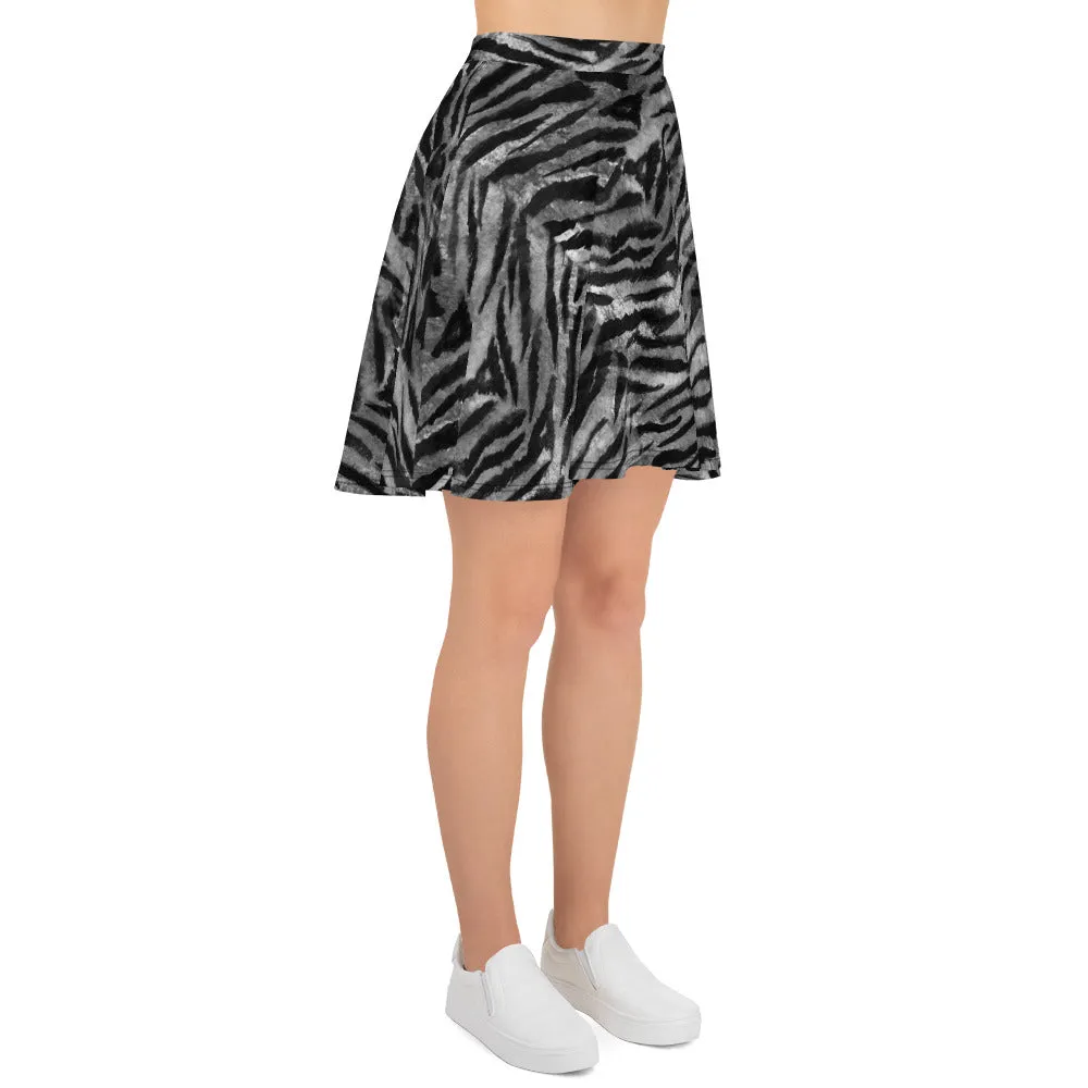 Gray Tiger Stripe Skater Skirt, Animal Print Women's A-Line Tennis Skirt-Made in USA/EU