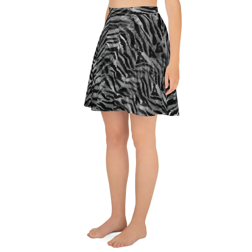 Gray Tiger Striped Skater Skirt, Animal Print Best High-Women's Skirt-Made in USA/EU(US Size: XS-3XL)