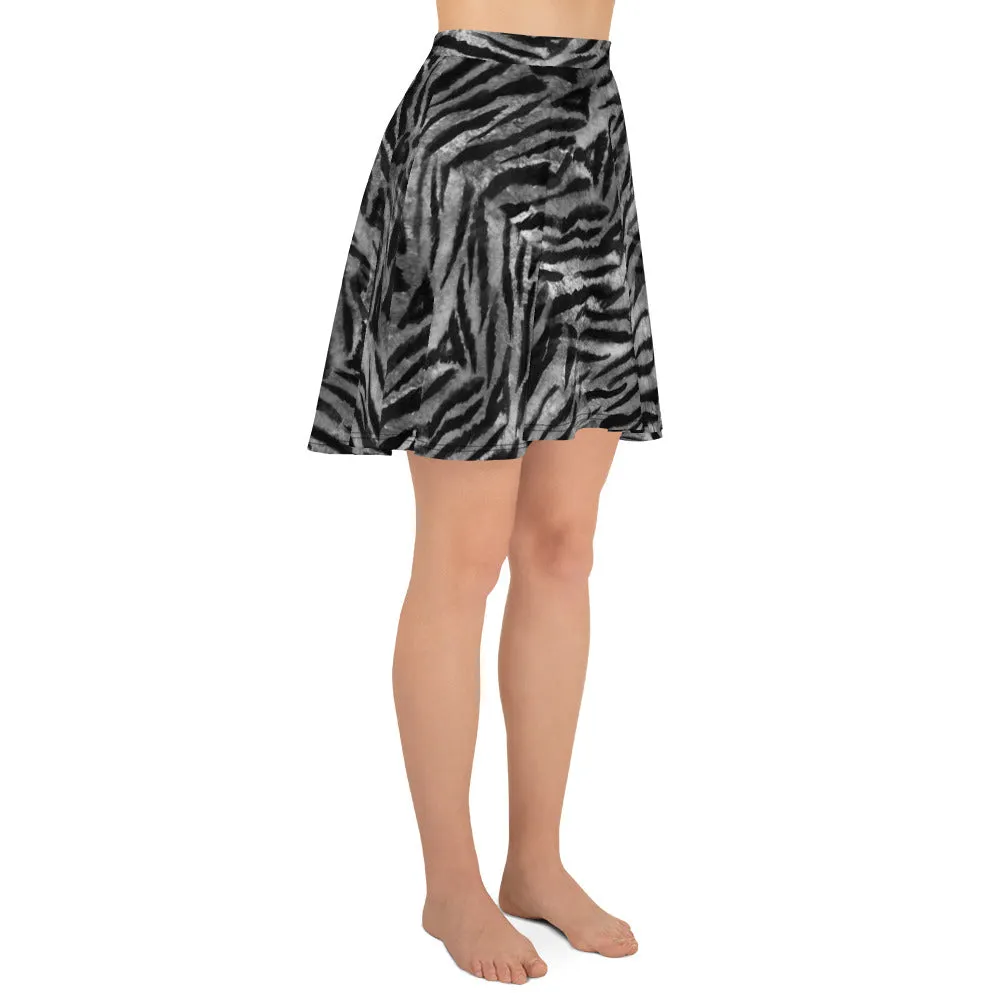 Gray Tiger Striped Skater Skirt, Animal Print Best High-Women's Skirt-Made in USA/EU(US Size: XS-3XL)