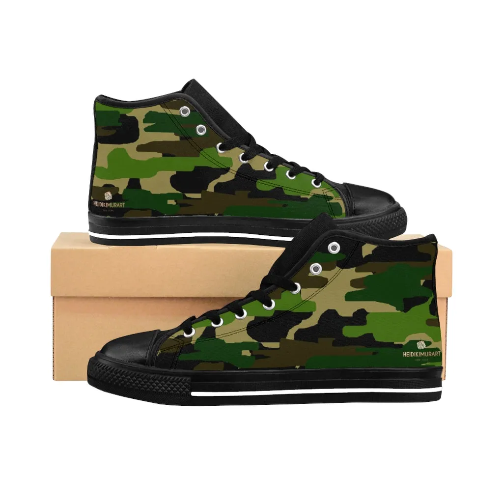 Green Camo Men's High-top Sneakers, Camouflage Military Print Men's Designer Tennis Running Shoes