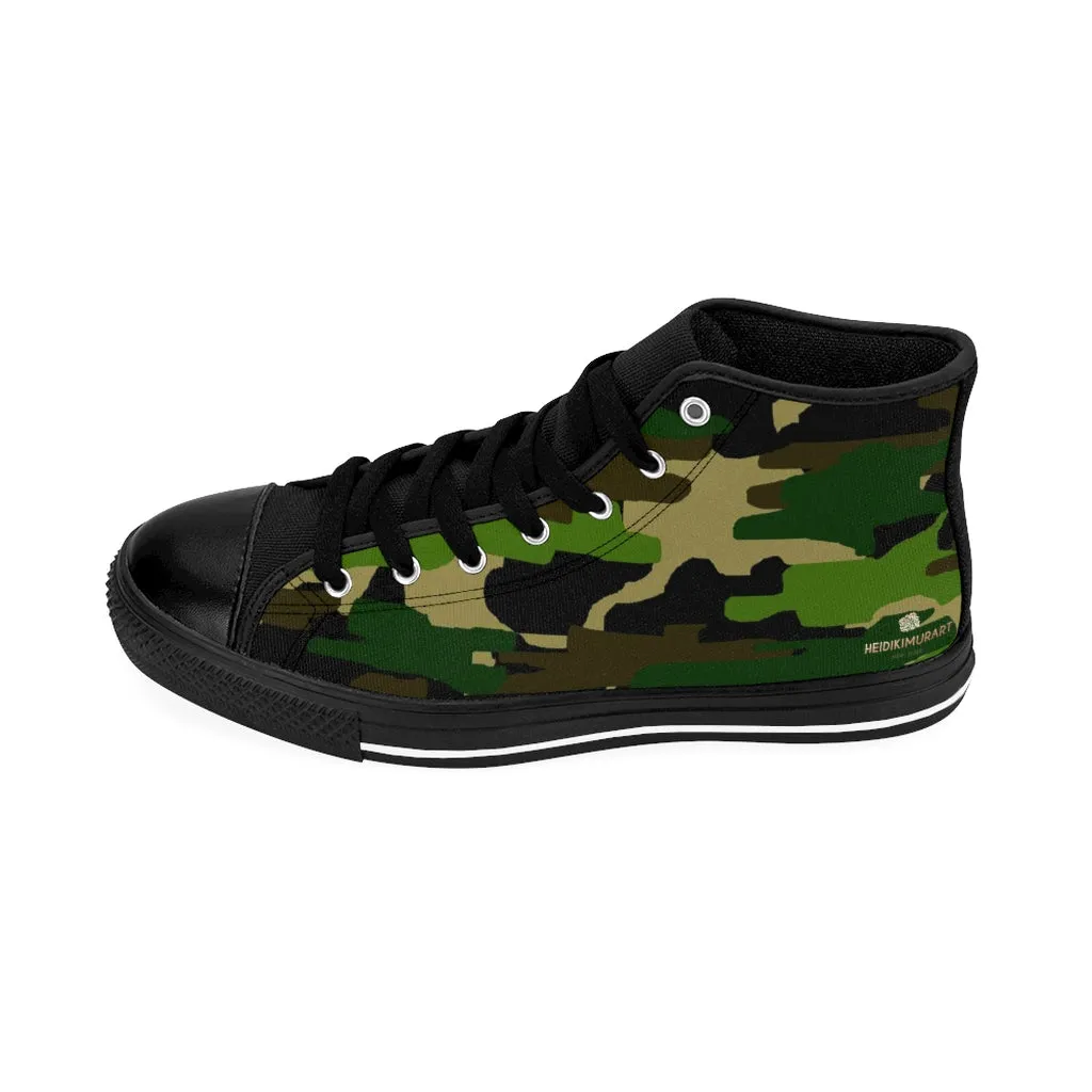 Green Camo Men's High-top Sneakers, Camouflage Military Print Men's Designer Tennis Running Shoes