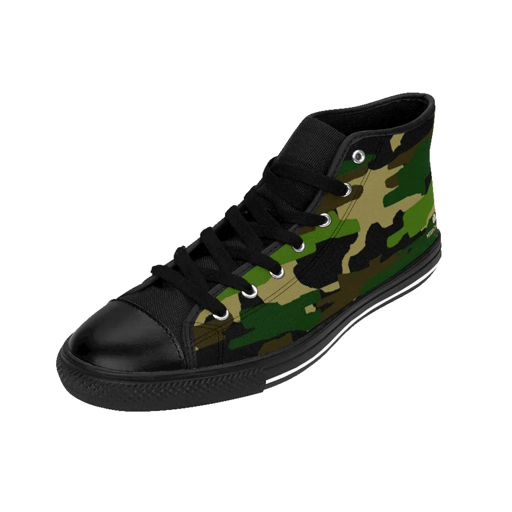 Green Camo Men's High-top Sneakers, Camouflage Military Print Men's Designer Tennis Running Shoes