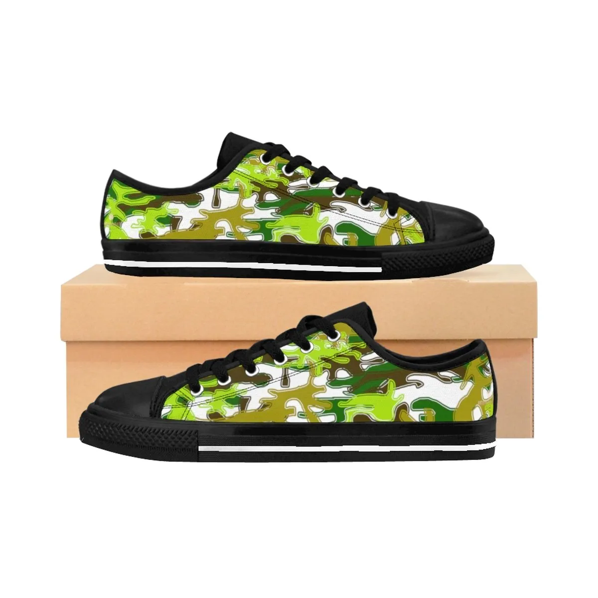 Green Camo Men's Low Tops, White Green Camouflage Military Print Premium Men's Low Top Canvas Sneakers Shoes