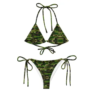 Green Camo Print Bikini Set, Army Print Best 2 pc Recycled String Bikini Set For Women - Made in USA/EU/MX  (US Size: 2XL-6XL)