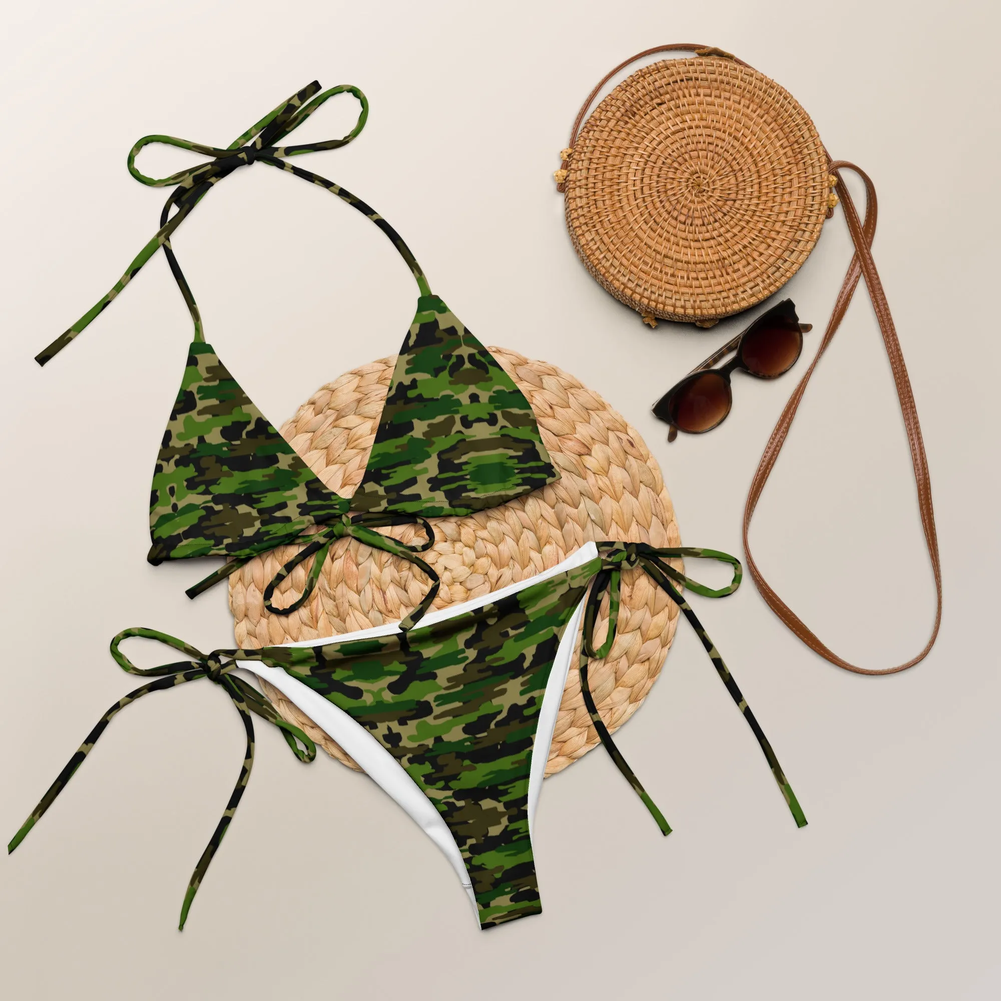 Green Camo Print Bikini Set, Army Print Best 2 pc Recycled String Bikini Set For Women - Made in USA/EU/MX  (US Size: 2XL-6XL)