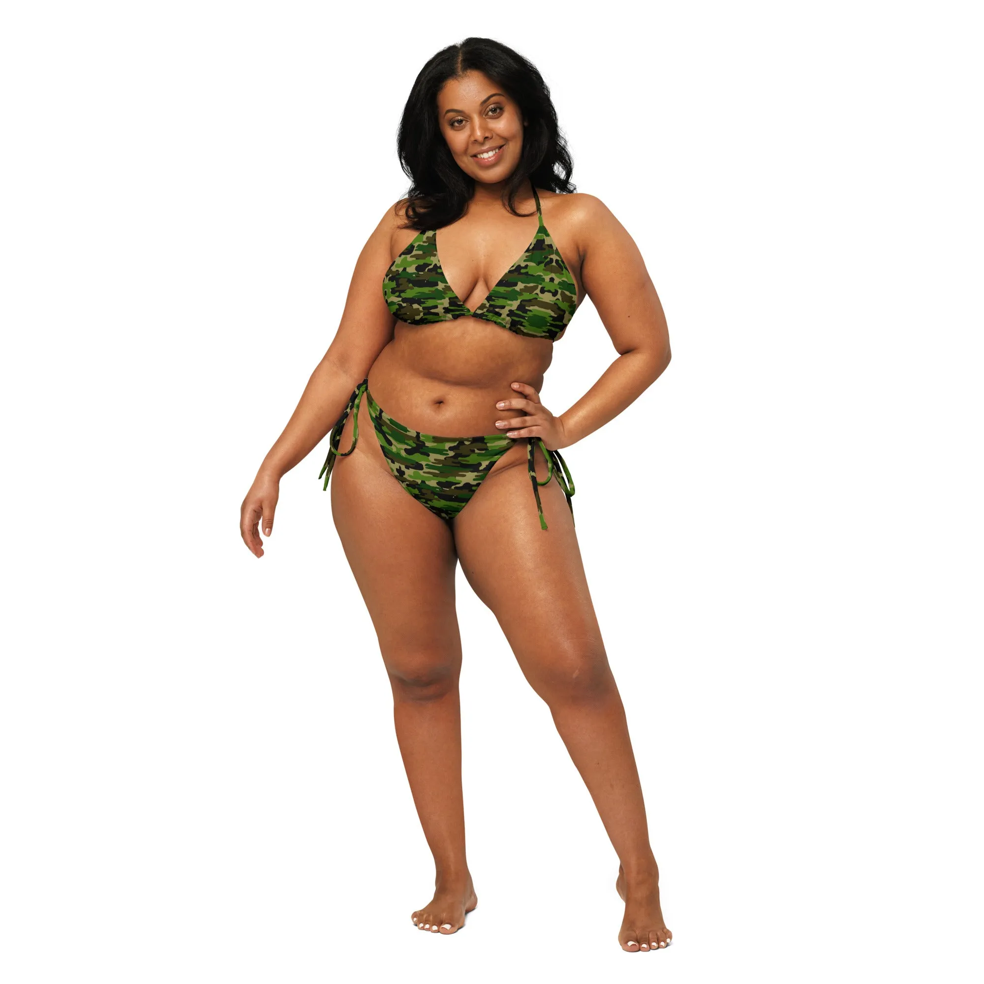 Green Camo Print Bikini Set, Army Print Best 2 pc Recycled String Bikini Set For Women - Made in USA/EU/MX  (US Size: 2XL-6XL)