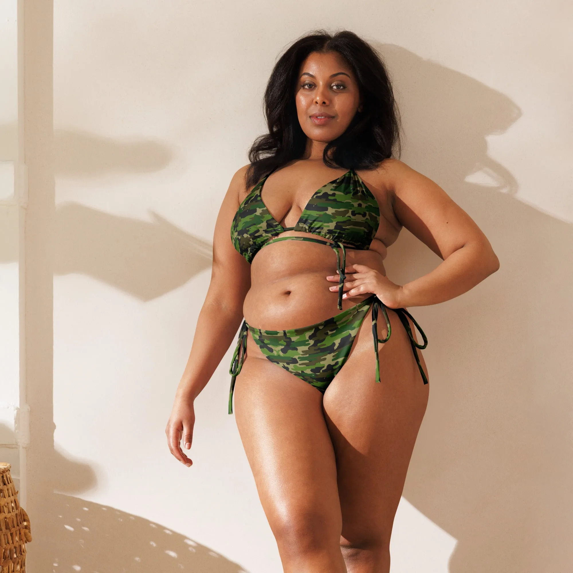 Green Camo Print Bikini Set, Army Print Best 2 pc Recycled String Bikini Set For Women - Made in USA/EU/MX  (US Size: 2XL-6XL)