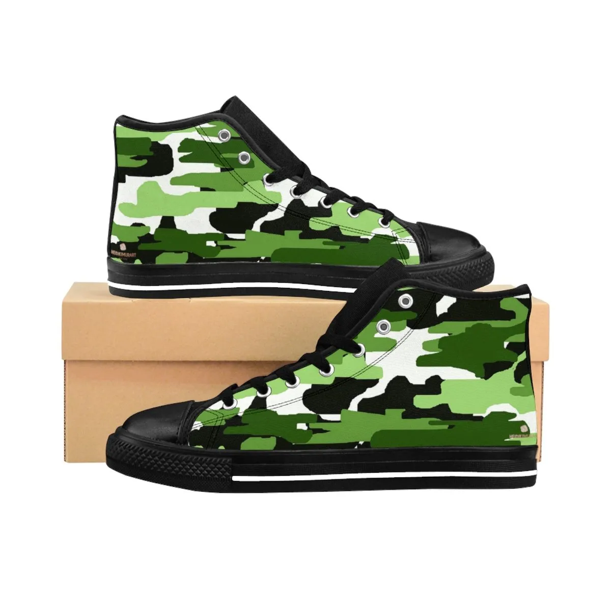 Green Camo Sneakers, Best Frog White Green Camouflage Army Military Print Men's High-top Sneakers Shoes