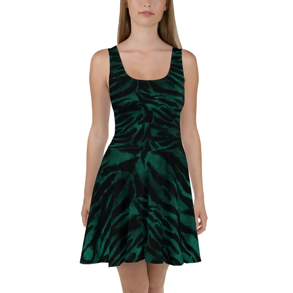 Green Tiger Striped Skater Dress, Green Black Animal Print Women's Skater Dress-Made in USA/EU