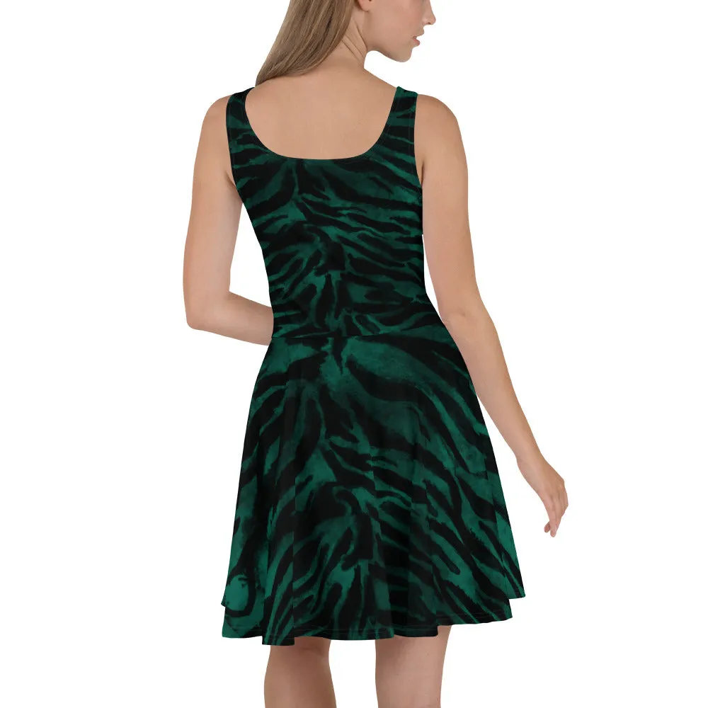 Green Tiger Striped Skater Dress, Green Black Animal Print Women's Skater Dress-Made in USA/EU