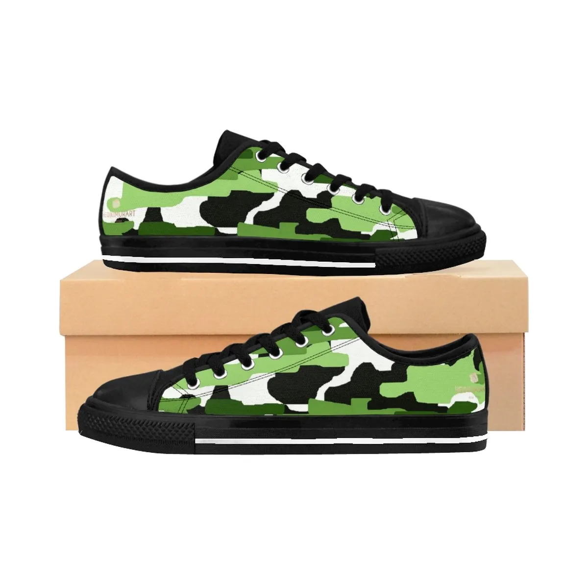 Green White Men's Sneakers, Camo Army Military Print Low Top Canvas Fashion Shoes