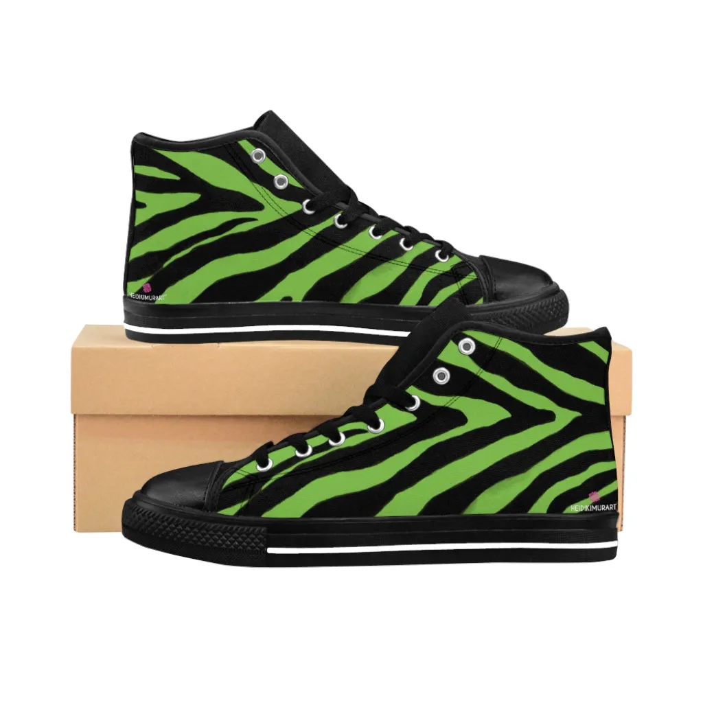 Green Zebra Men's High Tops, Zebra Striped Animal Print Men's Classic Sneakers Running Fashion Canvas Shoes