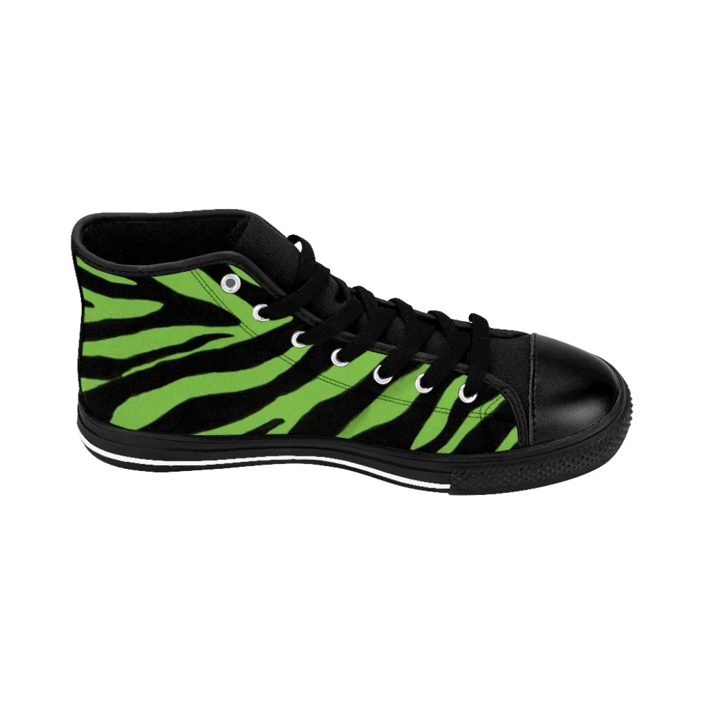 Green Zebra Men's High Tops, Zebra Striped Animal Print Men's Classic Sneakers Running Fashion Canvas Shoes