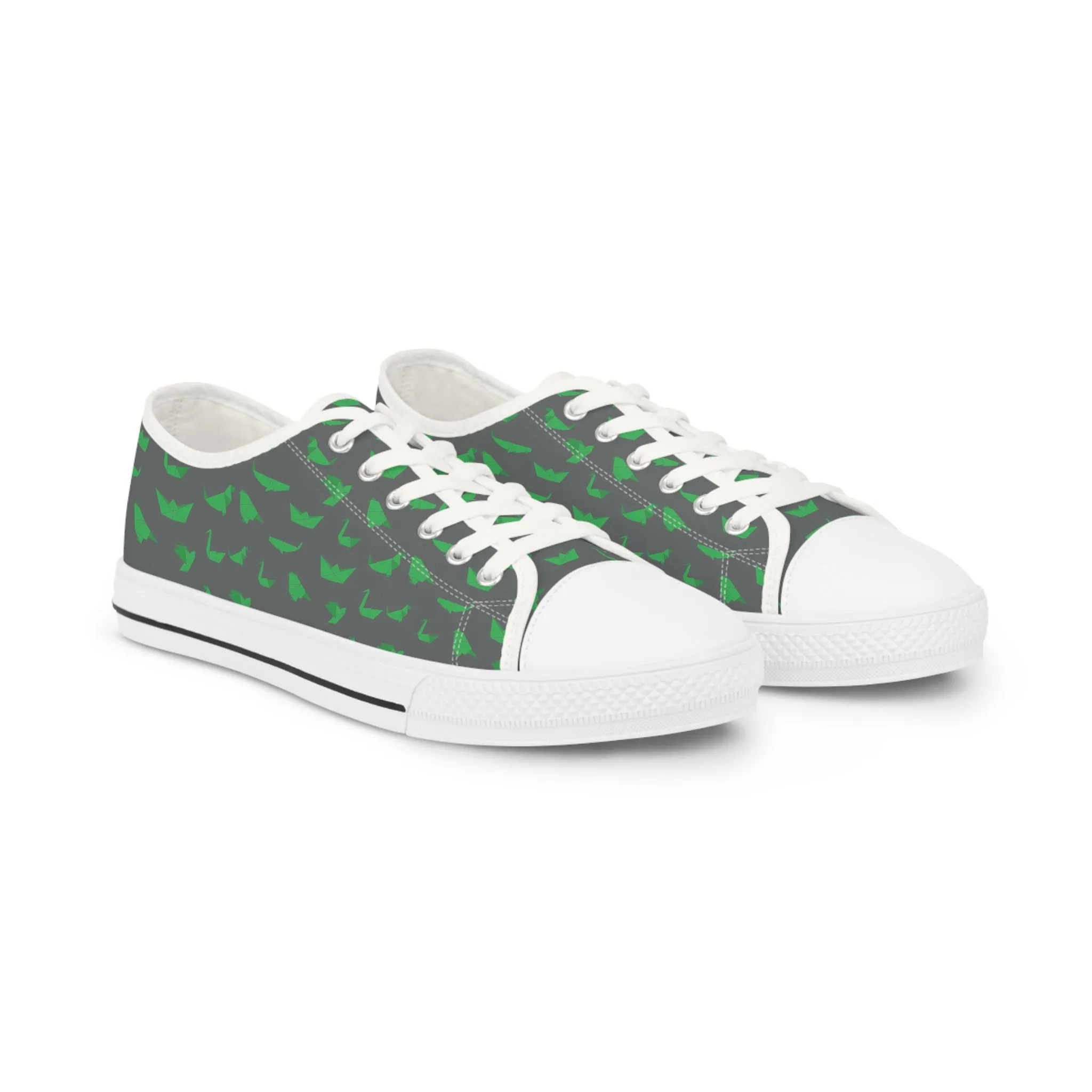 Grey Crane Print Men's Sneakers, Green and Grey Japanese Crane Print Men's Low Top Sneaker Shoes (US Size: 5-14)