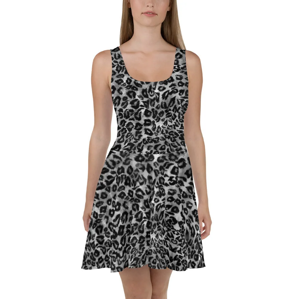 Grey Leopard Women's Skater Dress, Animal Print Designer Ladies' A-Line Skater Dress-Made in USA/EU/MX