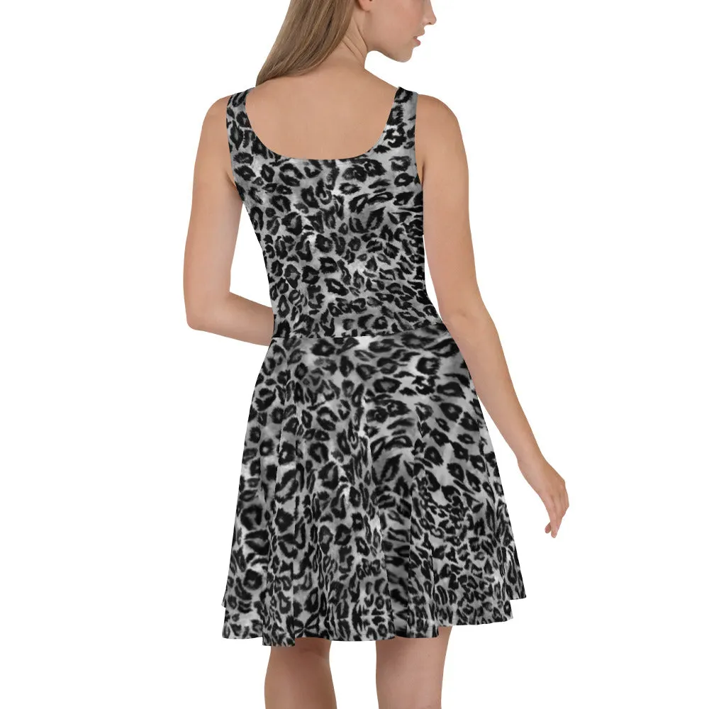 Grey Leopard Women's Skater Dress, Animal Print Designer Ladies' A-Line Skater Dress-Made in USA/EU/MX