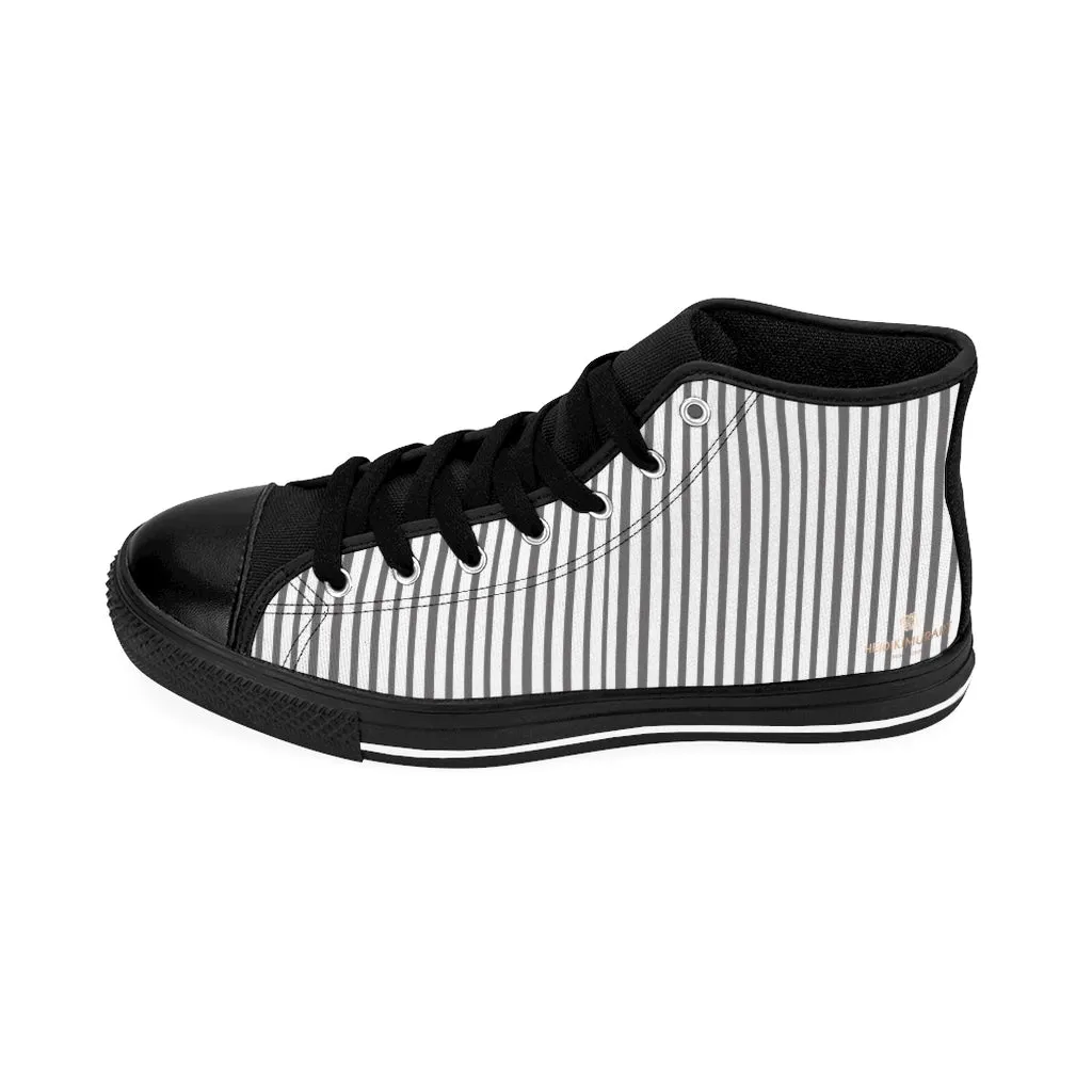 Grey Striped Men's High-top Sneakers, Modern Stripes Designer Tennis Running Shoes For Men