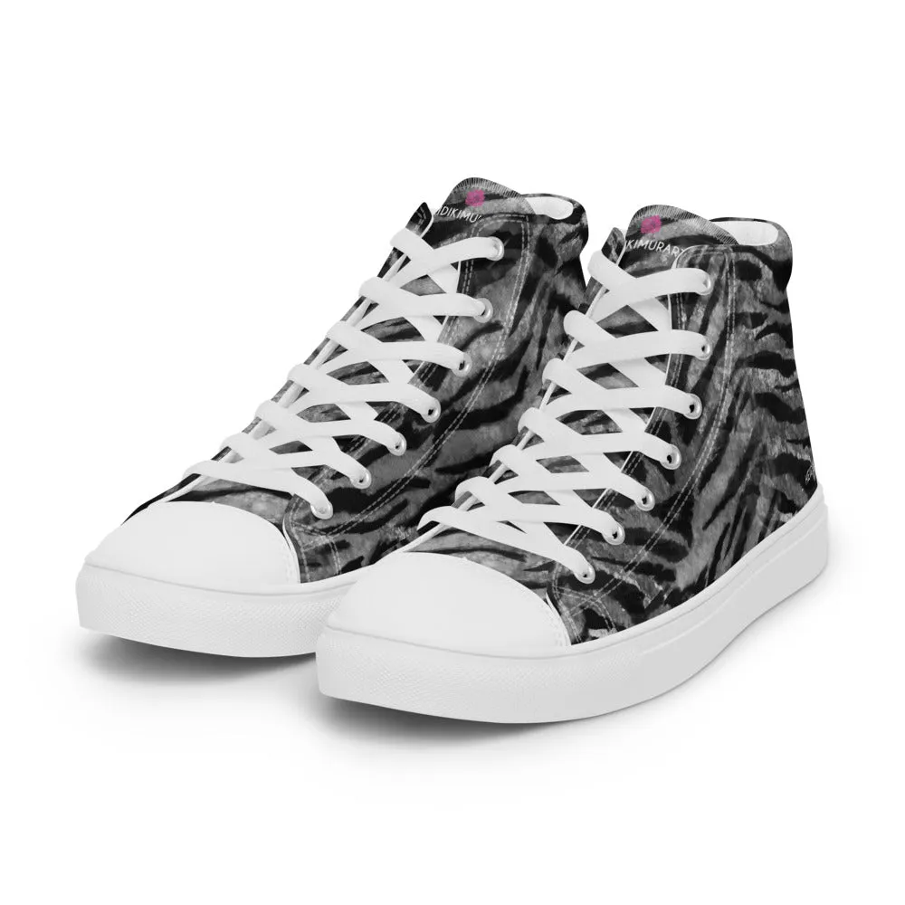 Grey Tiger Striped Men's Sneakers, Tiger Faux Skin Striped Animal Print Designer High Tops For Men