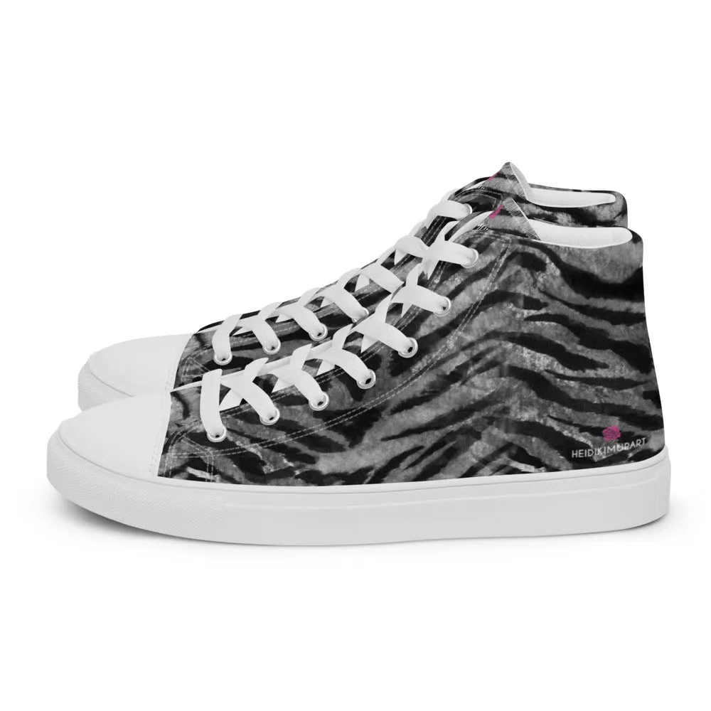 Grey Tiger Striped Women's Sneakers, Animal Print Designer Tiger Stripes High Top Tennis Shoes