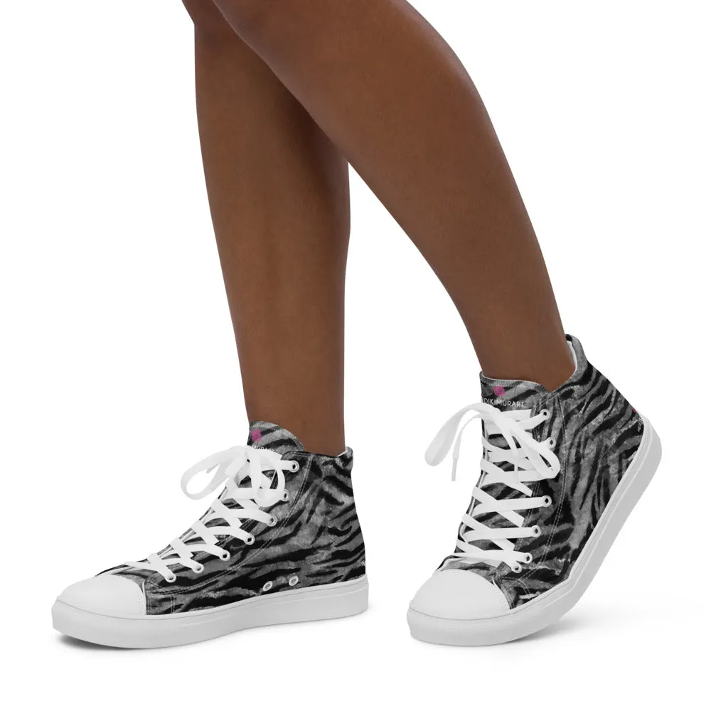 Grey Tiger Striped Women's Sneakers, Animal Print Designer Tiger Stripes High Top Tennis Shoes