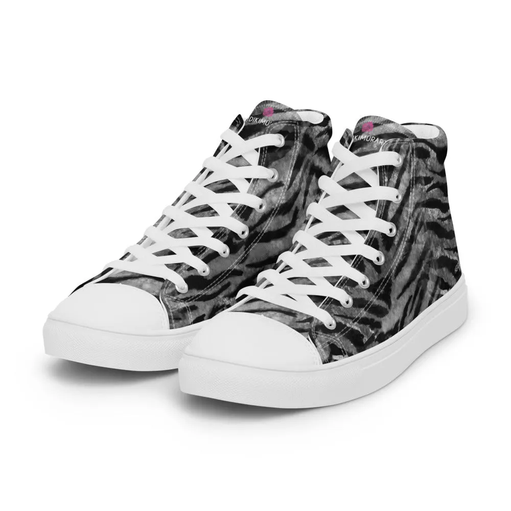 Grey Tiger Striped Women's Sneakers, Animal Print Designer Tiger Stripes High Top Tennis Shoes