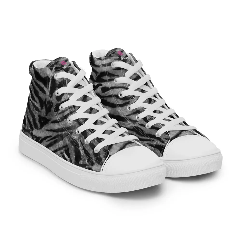 Grey Tiger Striped Women's Sneakers, Animal Print Designer Tiger Stripes High Top Tennis Shoes