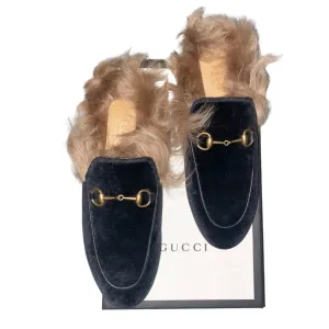 GUCCI Princeton Fur-lined Velvet Loafers Black SIZE 39